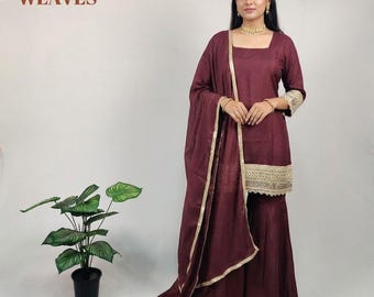 Pakistani Brown Indian Georgette Kurta Palazzo Suit For Woman USA, Fully Stitched Sequin Embroidered Ethnic Readymade Wedding Desi Dress