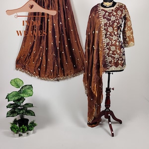 May include: A brown, two-piece ethnic outfit with intricate embroidery and embellishments. The ensemble includes a skirt and a tunic with a matching scarf. The outfit is displayed on a mannequin and a hanger, showcasing the details of the design.
