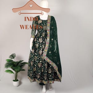 Designer Green Long Pakistani Gown, Readymade Party Wear Indian Flared Sequin Embroidered Wedding Outfit for Women With Free Customization