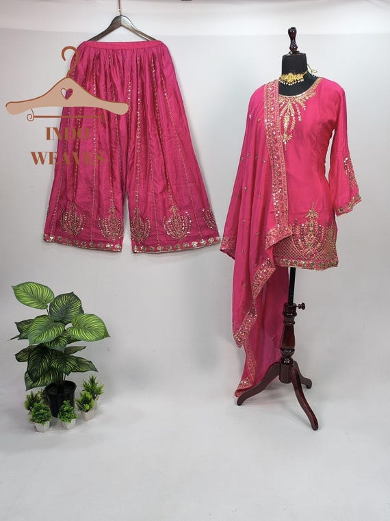 Punjabi Salwar Kameez: Pink Islamic Pakistani Wedding Wear Flared Sharara Gharara Embroidered Suit