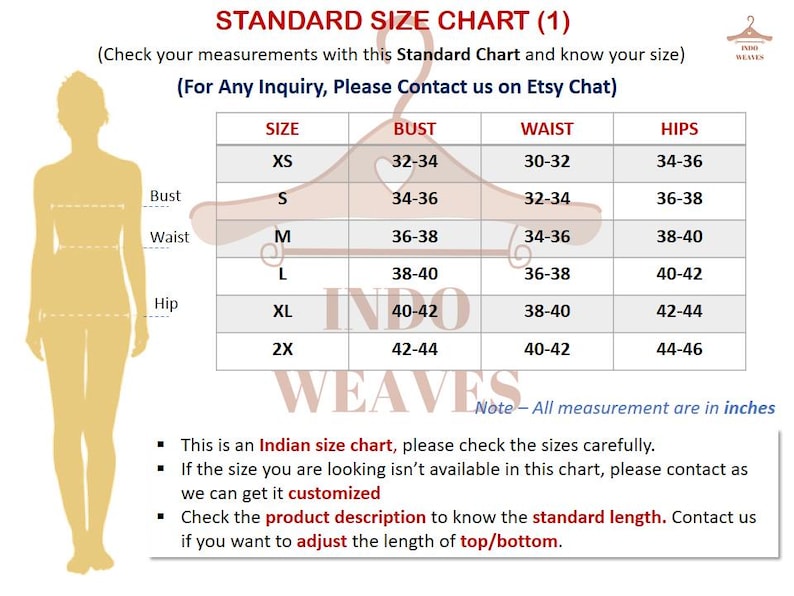 Puede incluir: Tabla de tallas est&aacute;ndar con medidas de busto, cintura y cadera en pulgadas. Las tallas van de XS a 2X. La tabla incluye una nota que indica que todas las medidas est&aacute;n en pulgadas. El texto inferior aconseja comprobar cuidadosamente la tabla de tallas india.