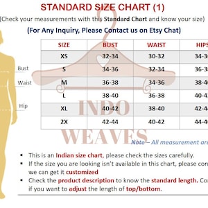 May include: A standard size chart with bust, waist, and hip measurements in inches. Sizes range from XS to 2X. The chart includes a note stating all measurements are in inches. Text at the bottom advises checking the Indian size chart carefully.