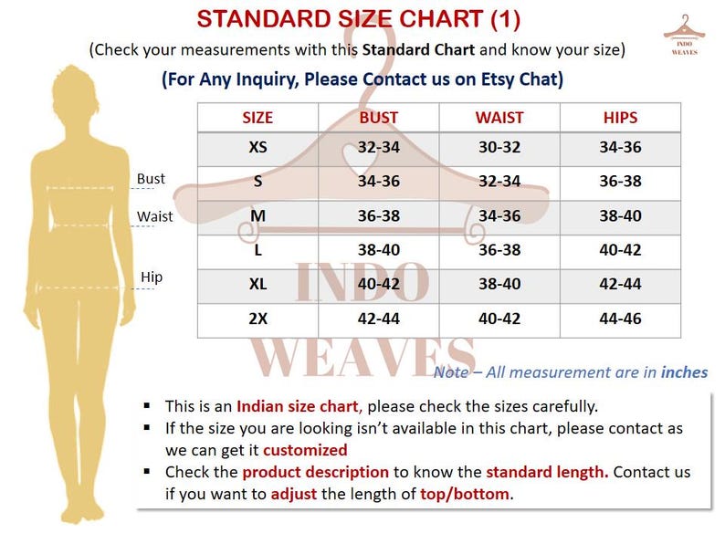 May include: A standard size chart with bust, waist, and hip measurements in inches. Sizes range from XS to 2X. The chart includes a note stating all measurements are in inches. Text at the bottom advises checking the Indian size chart carefully.