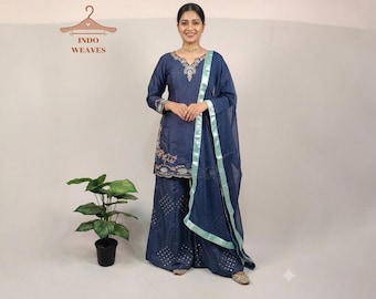 Blue Sharara Suit Indian Festive Wear Embroidered Outfit For Women USA, Elegant Ethnic Salwar Kameez Suit, Premium Silk Fabric Kurti Palazzo