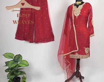 Red Satin Sharara Gharara Suit: Indian Ethnic Party Wear Zari Salwar Kameez