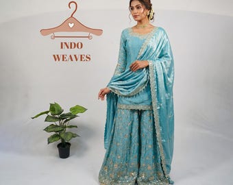 Blue Ethnic Readymade Bollywood Wedding Wear Desi Dress For Woman, Silk Sharara Suit Sequin Embroidered Pakistani Indian Formal Online Suit