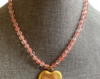 Strawberry quartz gold  heart necklace+ heart necklace+ pink quartz necklace