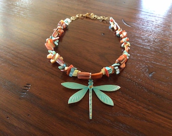 Dragonfly necklace+shell necklace+ patina dragonfly pendant