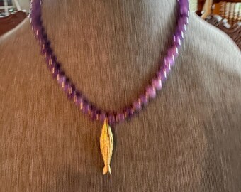 Beaded fish necklace-gold fish necklace- lavender  bead necklace- gold fish- agate purple necklace- fish necklace- fish-