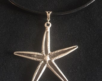 Simple Starfish necklace+ starfish pendant+ leather necklace+ starfish+ silver starfish
