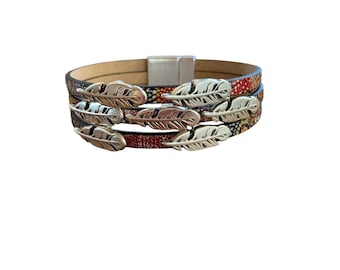Feather cuff+leather cuff+silver feathers+magnetic clasp