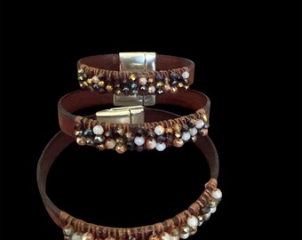 Crystal leather bracelet+leather bracelet+ leather cuff+ crystals+ crystal bracelet