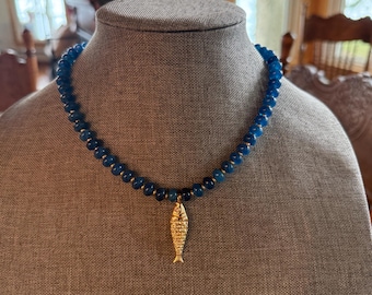 Beaded fish necklace-gold fish necklace-  blue   bead necklace- gold fish- agate blue necklace- fish necklace- fish-