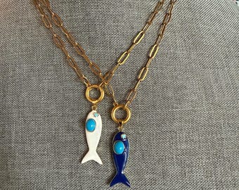 Fish necklace-enamel fish necklace-white fish-blue fish-enamel fish pendant-paperclip necklace-stainless steel paperclip chain