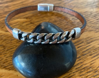 Leather chain bracelet+leather cuff+ chain bracelet