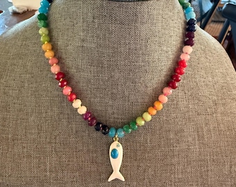 Fish necklace+ beaded necklace+knotted necklace+white fish+ navy fish+ faceted bead necklace