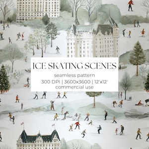Christmas Ice Skating Seamless Pattern | Winter Holiday Digital Paper | Vintage Skaters, Snow, Trees | Instant Download