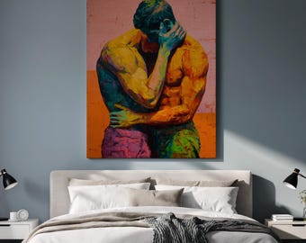LGBTQ Couple Wall Art, Colorful Gay Embrace Canvas, Bold Figurative Love Painting, Modern Pride Decor for Bedroom & Living Room