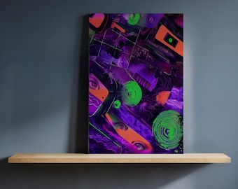 Op de afbeelding: Abstracte kunstprint met een collage van vormen en kleuren. Het kunstwerk toont een mix van paarse, oranje en groene tinten, met geometrische vormen en gestileerde ogen. Het stuk wordt tentoongesteld op een houten plank tegen een donkerblauwe muur.