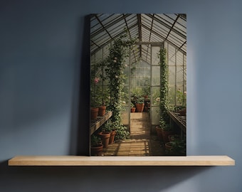 May include: A canvas print of a greenhouse interior. The image shows a glass structure filled with potted plants and climbing vines. The interior is bathed in natural light, creating a warm and inviting atmosphere. The print is displayed on a wooden shelf against a blue wall.