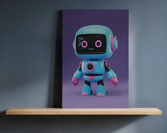 May include: A blue and pink robot illustration on a purple background. The robot has a screen with two pink circles for eyes and a smiling mouth. The robot is standing on a wooden shelf.