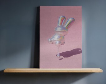 Holographic Bunny Canvas Wall Art, Glossy Melting Rabbit on Pink Background, Surreal Minimalist Painting, Framed Gift for Modern Home Decor