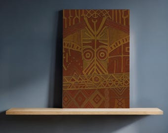Cuadro decorativo de pared con estampado tribal, diseño étnico abstracto en tonos tierra, motivo geométrico llamativo, decoración cultural enmarcada para la cocina o la sala de estar.