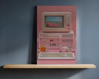 May include: A pink canvas print featuring a retro computer setup. A small television displays a landscape scene. Below, a stack of computer components, a keyboard, headphones, and a glass of orange liquid complete the composition.