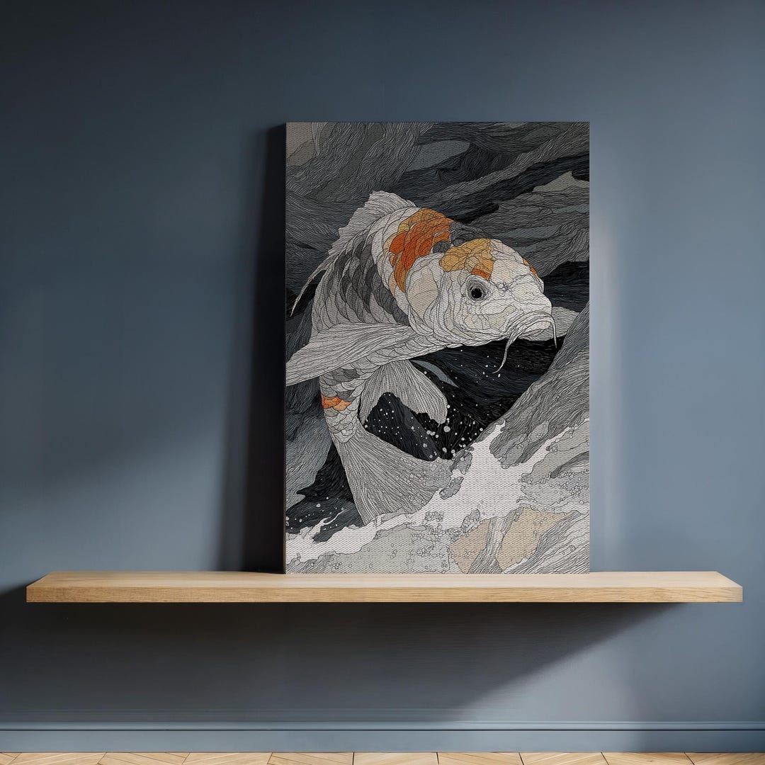 Framed Koi Fish Canvas Wall Art, Japanese Ink-style Orange White Carp ...