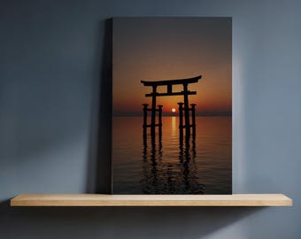 Torii Gate Sunset Canvas Wall Art Sacred Japanese Shrine at Sea Framed Spiritual Print for Zen Home, Meditation Room, or Minimal Decor