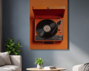 Lienzo decorativo de tocadiscos retro enmarcado, impresión de vinilo naranja intenso, decoración musical vintage para audiófilos y hogares de mediados de siglo.
