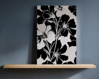 Framed Black and White Floral Canvas Wall Art, Bold Silhouette Botanical Print for Modern Home Decor, Minimalist Nature-Inspired Design