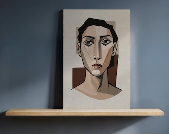 Kubistische Frau auf Leinwand, modernes geometrisches Gesichtsdesign, abstraktes figuratives Dekor für zeitgenössische und minimalistische Innenräume