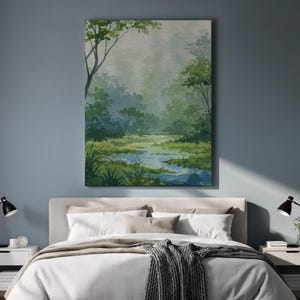 Framed Landscape Forest Canvas Wall Art, Serene Green Nature Scene Painting, Peaceful River View Print for Calm Rustic Room Decor