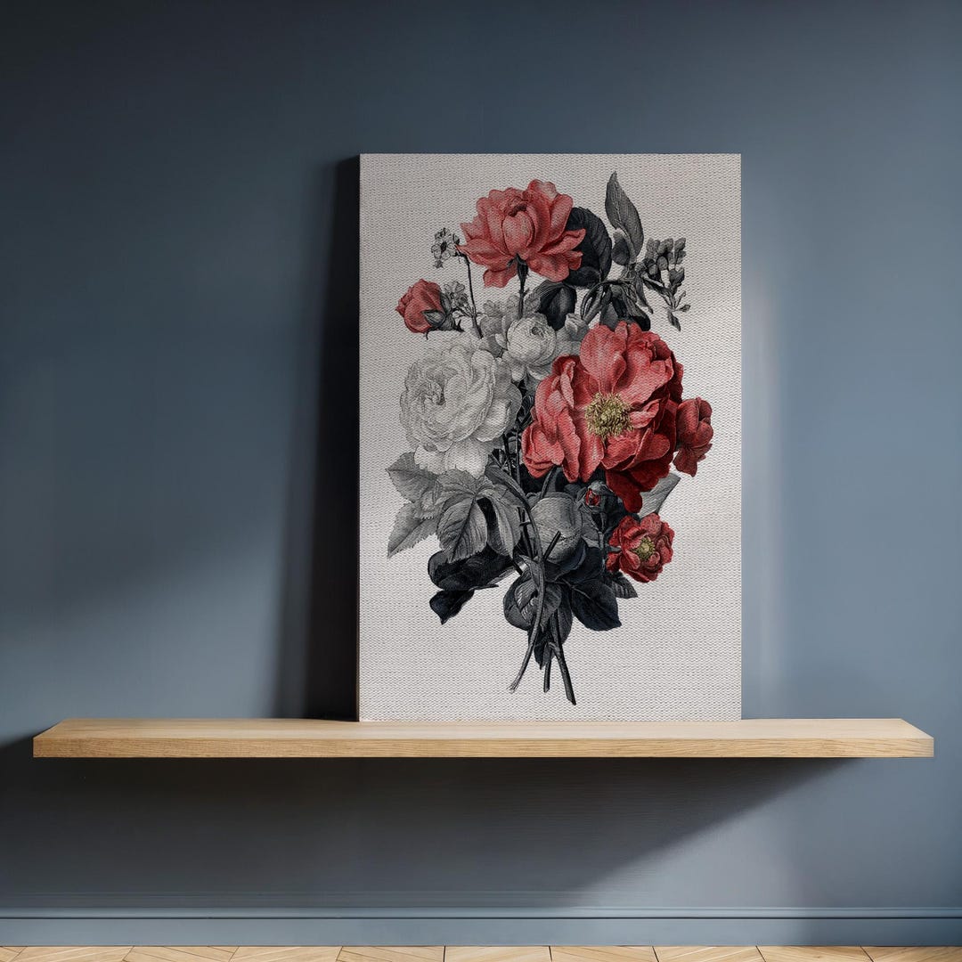 Vintage Botanical Rose Canvas Wall Art, Red and White Flower Print With ...