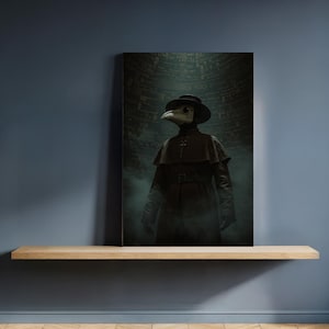 Framed Gothic Plague Doctor Canvas Art, Mysterious Dark Academia Wall Decor, Historical Steampunk-Inspired Print for Moody Interiors