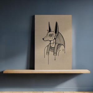 Egyptian Anubis Line Art Canvas Wall Decor,  Black Outline Mythical God Illustration on Beige Background, Framed Ancient Symbol Artwork