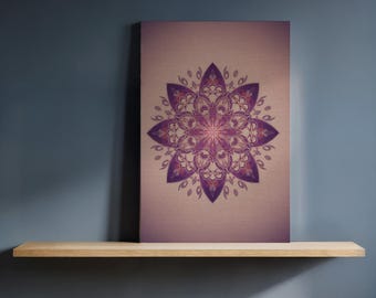 Purple Mandala Canvas Wall Art, Boho Floral Geometric Print for Kitchen or Meditation Space, Intricate Symmetry Spiritual Home Decor