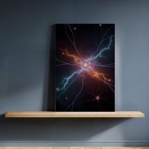 Puede incluir: Impresión en lienzo con un diseño abstracto de vías neuronales. La obra presenta una explosión central de energía naranja y amarilla, con líneas ramificadas y patrones eléctricos en forma de rayo azul y naranja sobre un fondo oscuro.