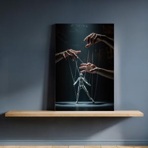 May include: A framed artwork depicting a wooden marionette figure with strings attached to hands. The hands appear to be controlling the puppet. The background is dark, with a spotlight on the puppet.