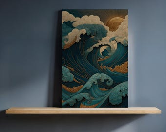 May include: A canvas print depicting a stylized ocean scene. The artwork features large, curling waves in shades of teal and navy blue, with white foam and golden accents. A sun is visible in the background, and the print is displayed on a wooden shelf.