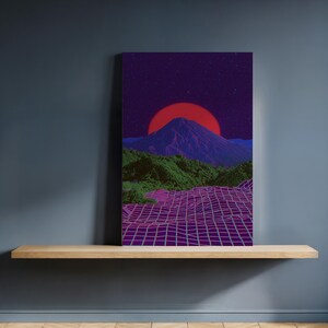 May include: A canvas print featuring a retro-style landscape. The artwork depicts a mountain under a large red sun, with green hills and a purple grid in the foreground. The background is a starry night sky.