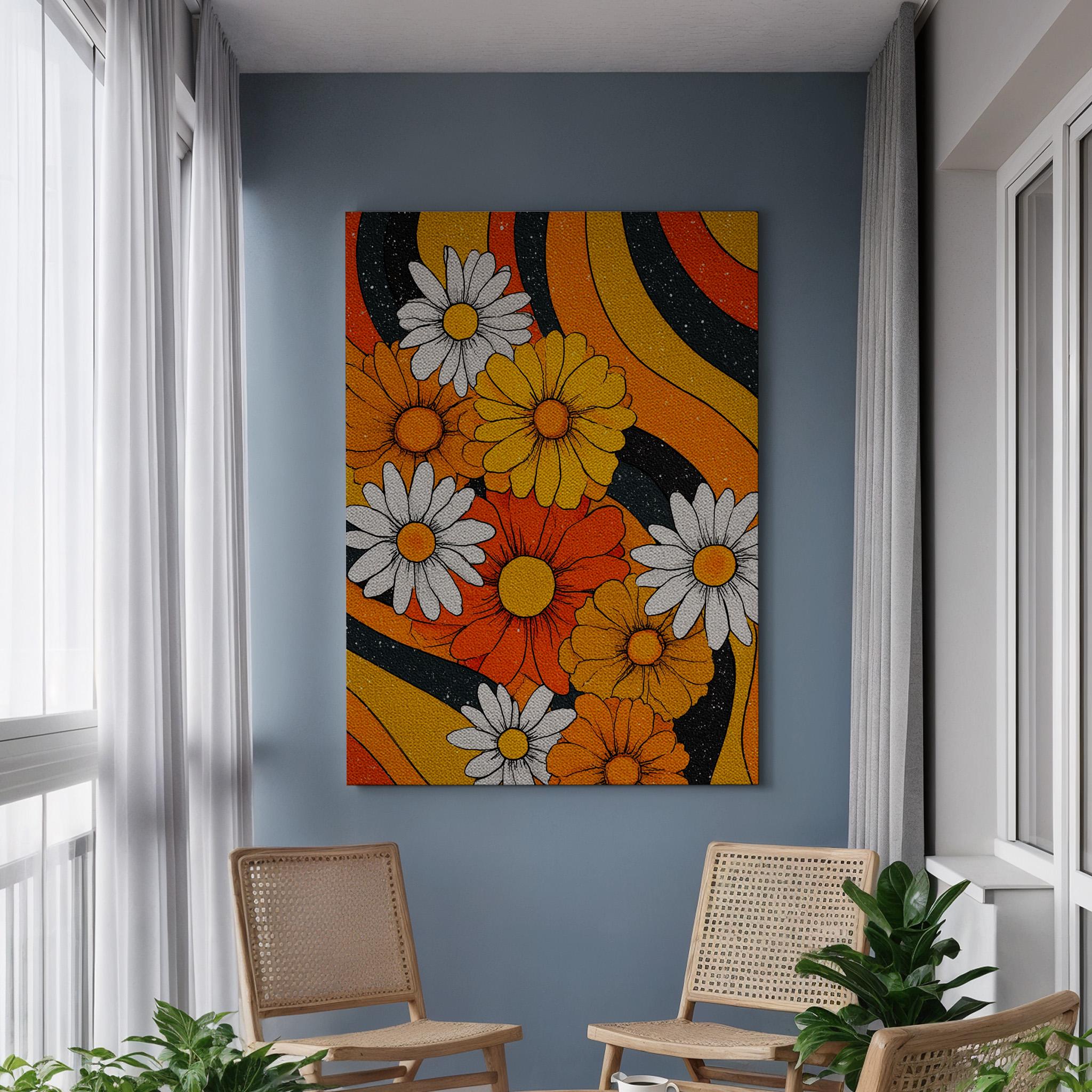 Retro Floral Canvas Wall Art, 70s Daisies and Orange Blossoms on