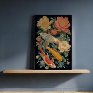 Framed Koi Fish and Peony Canvas Wall Art, Japanese Floral Print with Gold and Red Tones, Elegant Nature-Inspired Decor for Kitchen Space