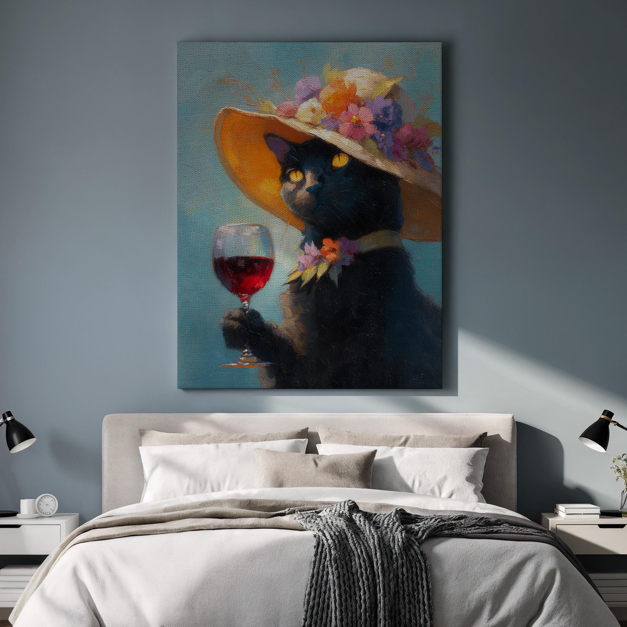 Black Cat Art Print With Wine Glass, Floral Hat Wall Decor, Whimsical ...
