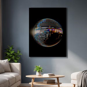 May include: A large, rectangular canvas print featuring a digital art rendering of a disco ball. The ball is rendered with pixelated, colorful segments against a black background. A bright light emanates from the left side of the ball.