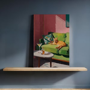 Framed Cat on Green Sofa Canvas Wall Art, Retro Living Room Scene with Cocktails, Whimsical Feline Print for Lounge, Gift for Cat Lovers
