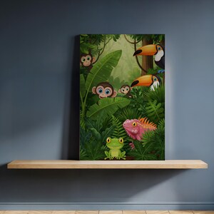 May include: A colorful jungle-themed canvas print featuring cartoon monkeys, toucans, a frog, and a pink iguana. Lush green foliage creates a vibrant backdrop for the playful animals. The artwork is displayed on a wooden shelf against a dark blue wall.