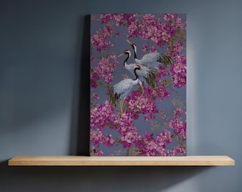 Cranes and Cherry Blossoms Canvas Art, Japanese Bird Floral Print, Framed Oriental Wall Decor for Kitchen, Living Room, Zen-Inspired Spaces