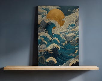 May include: An art print depicting a golden sun peeking through fluffy clouds above a turbulent sea. The waves are rendered in shades of blue and white, with intricate details. The artwork is displayed on a wooden shelf against a dark blue wall.